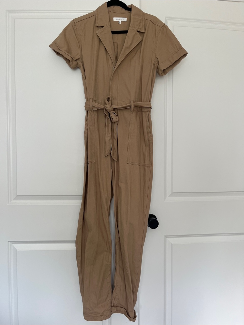 Dynamite Utility Romper Belted Tan Short-Sleeve Jumpsuit - Picture 2 of 7